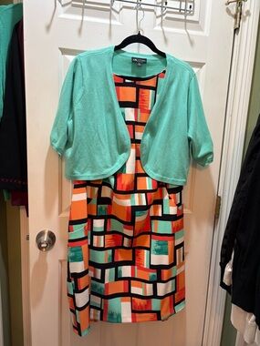 Plus size Mint & Multi-Color Geometric Print dress with sweater